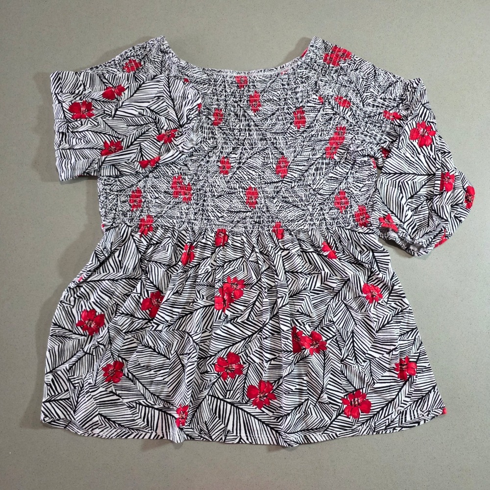 J. Jill Women Large Black White Red Floral Palm Smocked 3/4 Sleeve Blouse Top